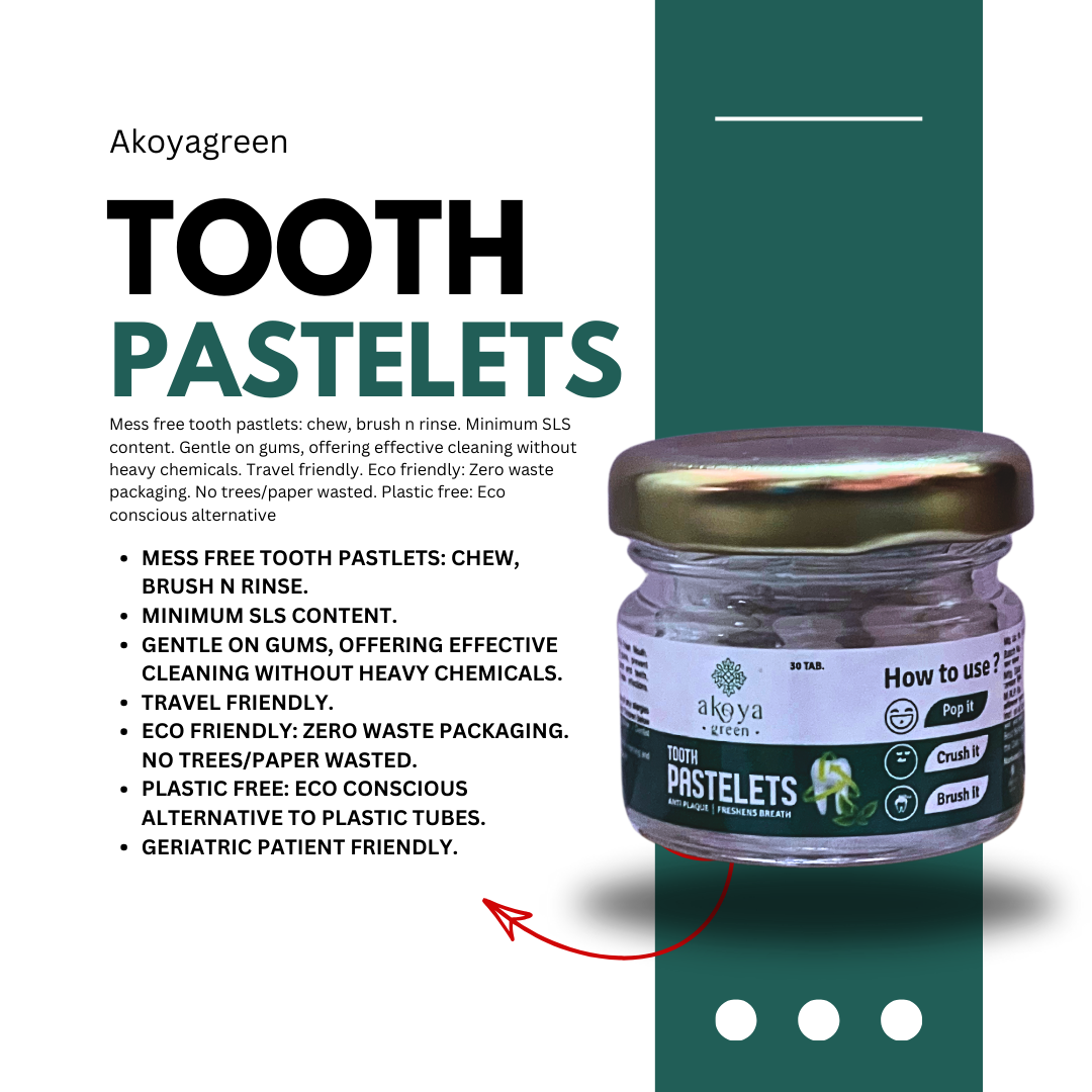 Akoya Green Oral Care Combo - Stainless Steel Tongue Cleaner, Natural Dental Tooth Pastelets & Bamboo Toothbrush with Nano Bristles