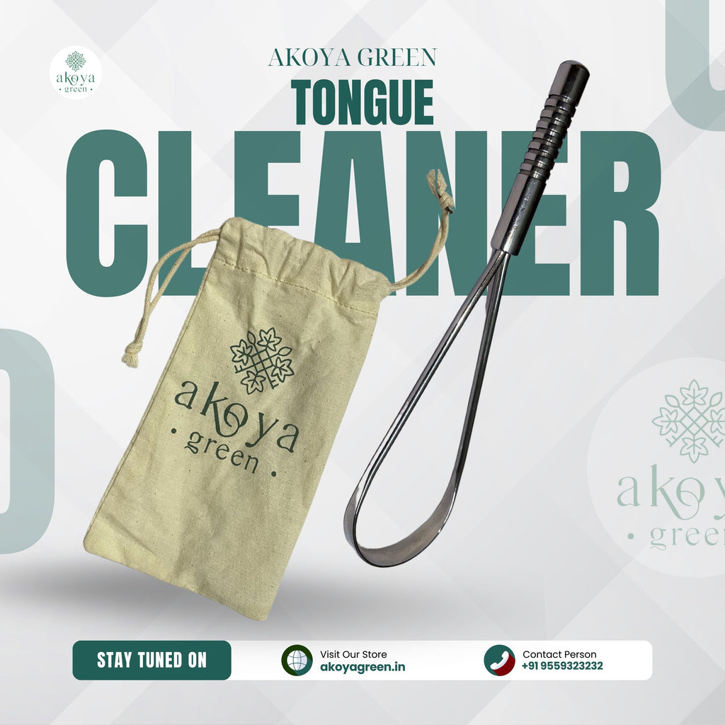Akoya Green Oral Care Combo - Stainless Steel Tongue Cleaner, Natural Dental Tooth Pastelets & Bamboo Toothbrush with Nano Bristles