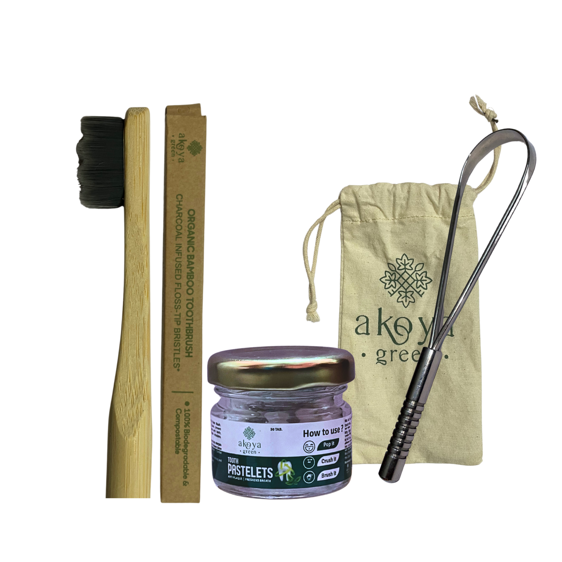 Akoya Green Oral Care Combo - Stainless Steel Tongue Cleaner, Natural Dental Tooth Pastelets & Bamboo Toothbrush with Nano Bristles