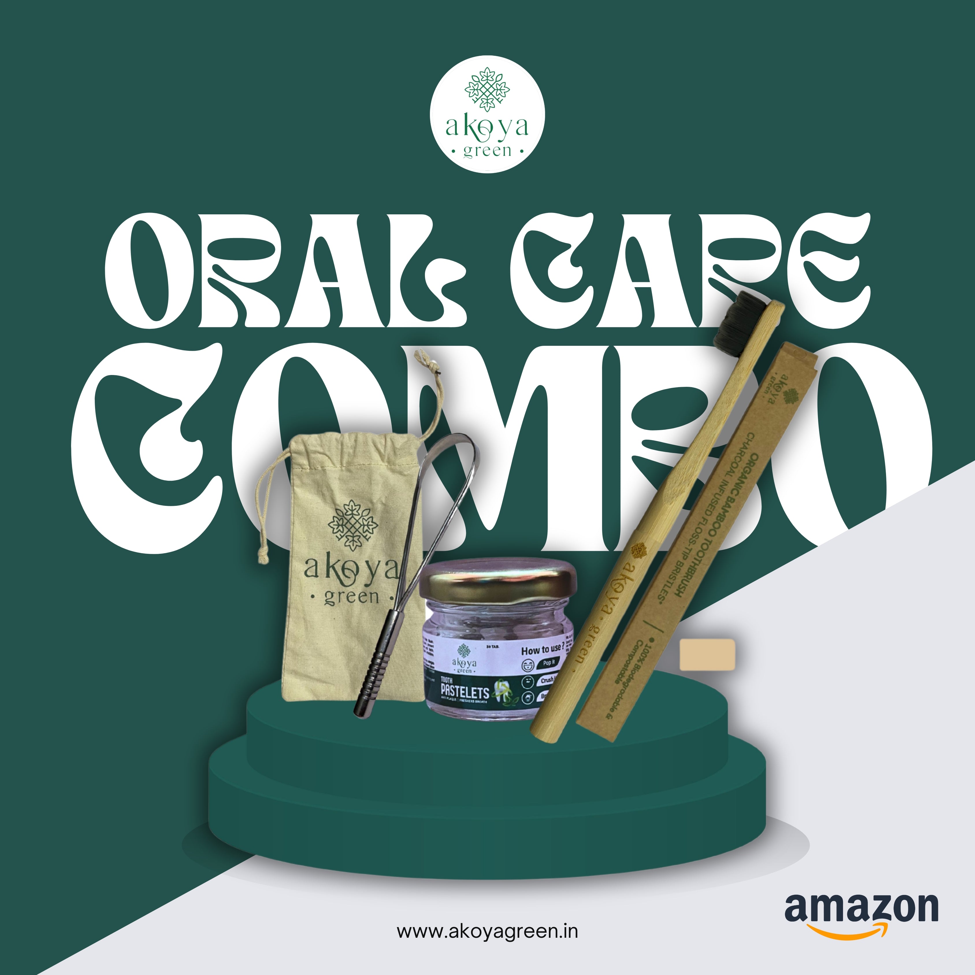 Akoya Green Oral Care Combo - Stainless Steel Tongue Cleaner, Natural Dental Tooth Pastelets & Bamboo Toothbrush with Nano Bristles